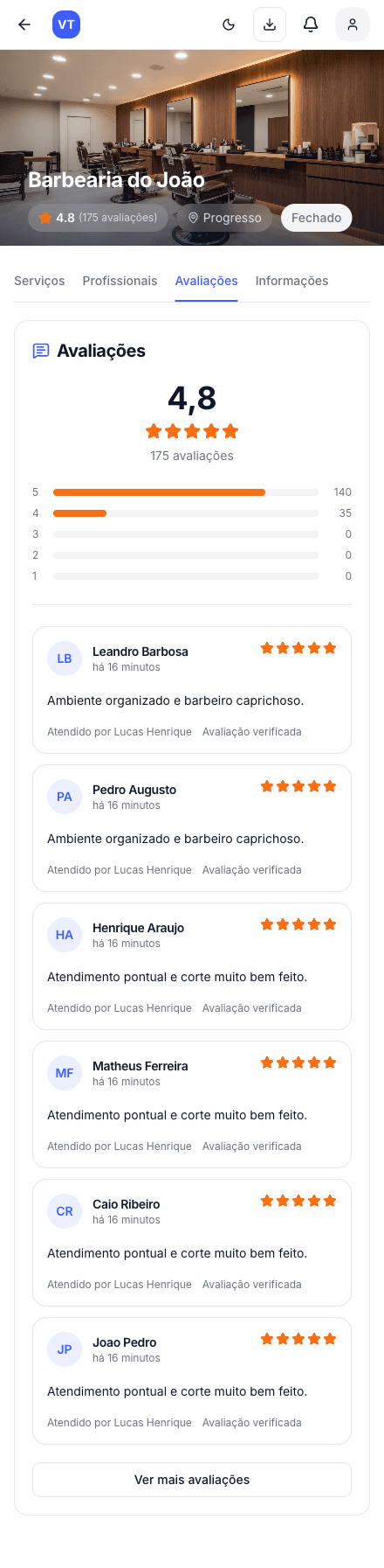 Tela de avaliações, mostrada apenas para demonstrar o recurso do aplicativo
