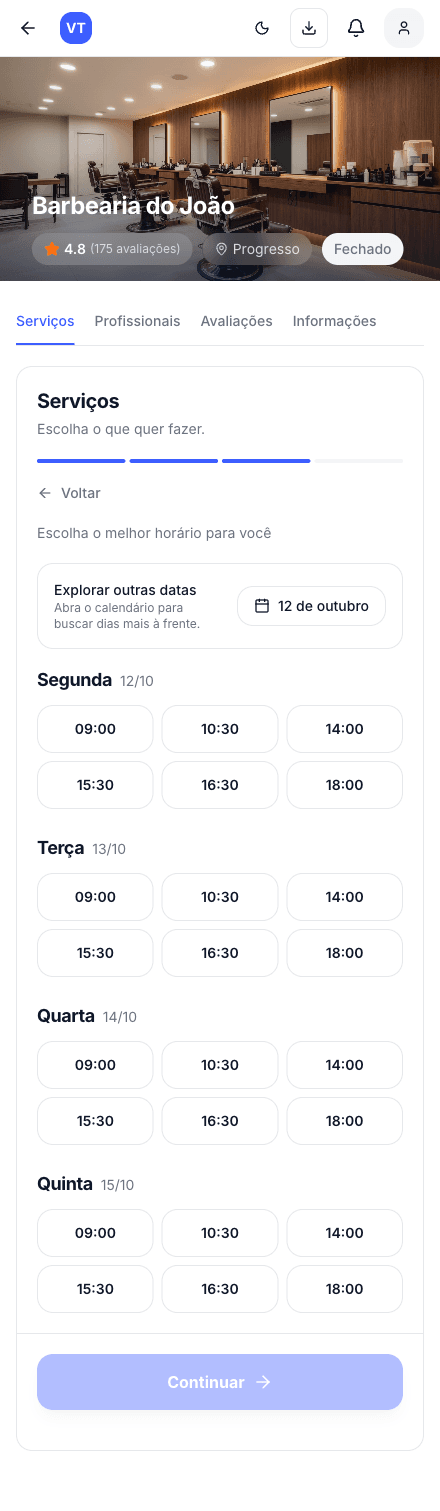 Página de agendamento com dias e horários disponíveis