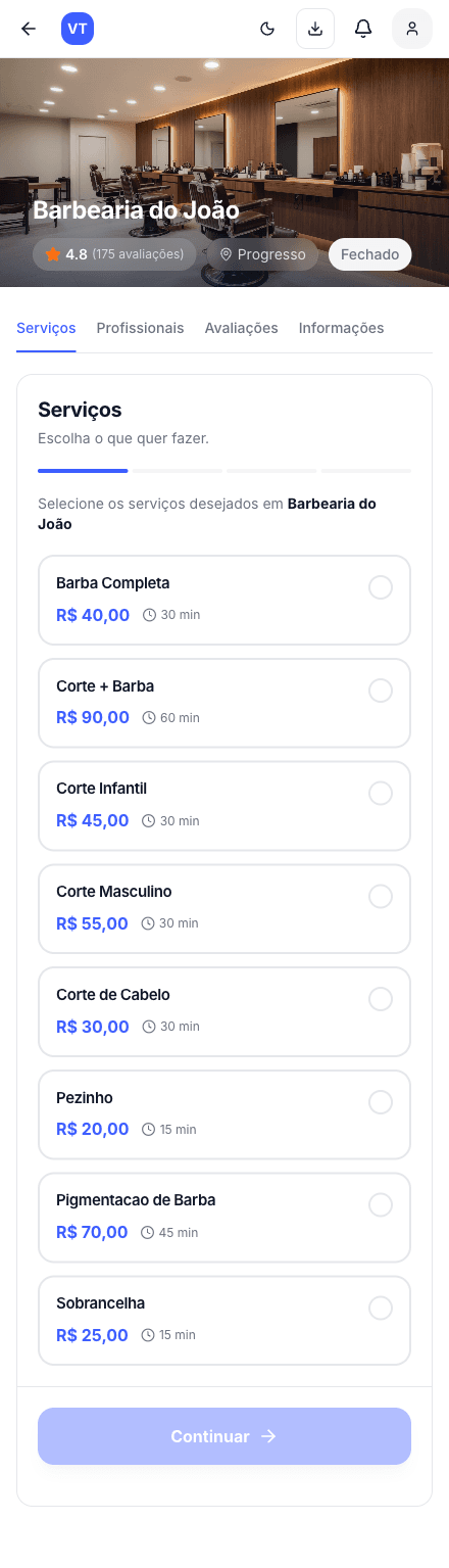 Página pública com serviços, preços e durações da barbearia